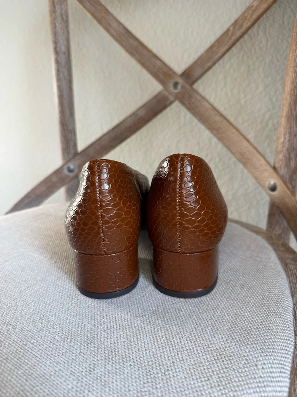 Reformation Inez Square-Toe Pumps cognac snake